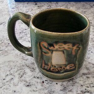 Hand Crafted Studio Art Pottery Home Sweet Home Green Cup Mug Artist Signed 2021